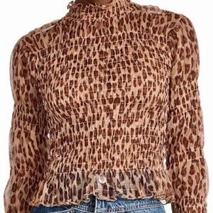 Free People Hello There Womens Smocked Leopard Print Blouse Medium